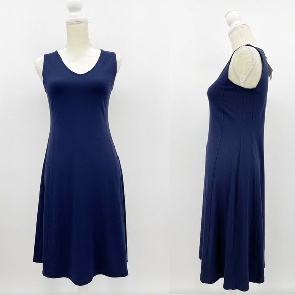 Eileen Fisher Viscose Jersey Fit & Flare Dress Midnight Blue V Neck
